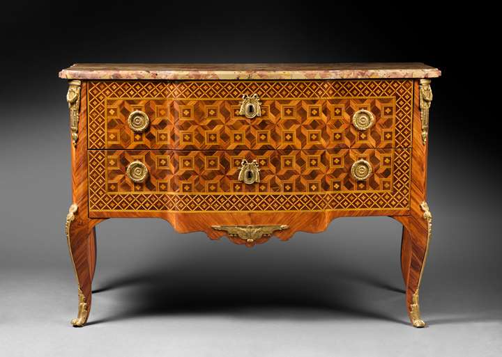 A Transition Louis XV/XVI Ormolu-Mounted Kingwood Parquetry Commode